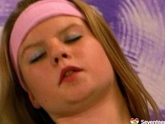 Lustful blonde bitch rubs her shaved pink pussy with fingers. Then she sucks massive stick wrapping it tight with mouth lips. Horny slut shows how to suck cock in 69 position.