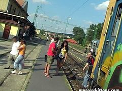 She is horny brunette girl who meets a guy on a train station. He asks if he can taste her juice. Without any hesitation she agrees. So the go to more private place where she lies on her back with her legs wide open. Thirsty guy delves his tongue into her pussy folds eating her dry. Then he finger fucks her intensively until she cums.