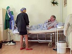 This naughty nurse walks in when granny gives her husband a blowjob. She continues her work and then she rides his cock with his wife masturbating.