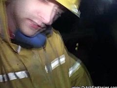 Check out this horny Dutch mature deepthroating a firefighter's stiff cock. Her pussy is wet and she wants to take a ride on it!