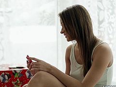 Luscious brunette teen writes a letter to Santa wearing nothing but white lingerie until a kinky dude approaches her to stroke her steamy body.