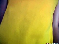 Submissive frisky blond chic kneels down in front of horny dude to mouth fuck his oversized dick remembering to polish his full balls in sultry POV sex video by Seventeen Video.
