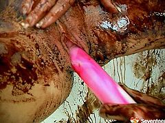 Hot teens look a bit weird, cuz their splendid slim bodies are covered with melt chocolate. Zealous brunette takes a pink dildo to polish the wet pussy of appetizing busty blondie right in the bath. Gosh, just don't pass by and gain lots of pleasure right here and now along with Seventeen Video xxx clip.