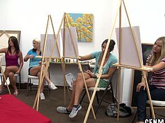 This female art class has three guys posing for the girls to paint them. It was only a matter of time they ditched the brushes and grabbed the dicks.