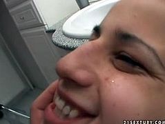 Freaky chick Jessica has fun taking part in wicked porn session. So watch her piss drinking in the bathroom. Jessica is also brutally mouth fucked.