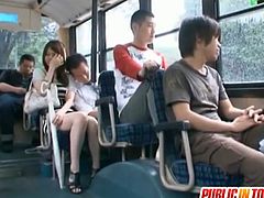 Yui Tatsumi was the only girl on this bus, so the guys took advantage and forced her to take their cocks.