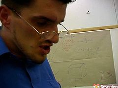 Skanky student leaves in a class for extra curriculum. Instead of teaching the girl horny mature teacher seduces the girl for sex. He thrusts his cock in front of her pretty face ordering to suck it deepthroat. The gal is such a slut so she starts sucking dick with pleasure.