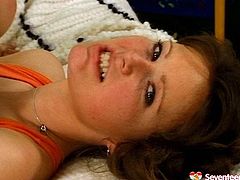 Two insatiable college mates hook up for insane sex session. Frisky brunette teen lies on her back with head falling off the bed while a rapacious dude gives her a tongue fuck before she pays him back with a blowjob. Later she rides him in cowgirl style.