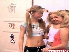 Courtesy of Teen Sleepover you can see three gorgeous blonde lesbian teens taking their clothes off before licking their tits and playing with their pussies.