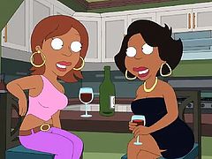 Cleveland is back in Quahog visiting Peter, and his wife has invited over a bunch of her friends. Donna Tubbs has wine with her friends and then they all get naked and have a lesbian gang bang. White, black and Asian ladies are feeling tits and eating pussy in this hardcore cartoon scene.