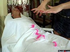 Sextractive blond clairvoyant welcomes young inexperienced dude to wants to know about his destiny. She makes him lie on the lounge fully naked when she starts stroking his hot body and later sucking his hard cock before topping it for a cowgirl ride.