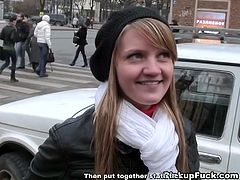Young russian hottie is picked up on the street and is ready to suck some cock for cash! She does it like a champ and gets her face covered with cum!