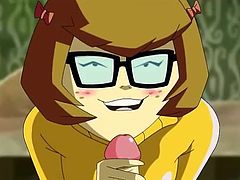 Instead of solving mysteries the gang is having dirty sex. Velma gets down on her knees in the haunted house and the cute nerd sucks Shaggy's long cock. She deep throats him while Scooby Doo watches.