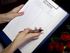 Lina is a cute young woman making a delivery of flowers and sweets to a customer for Valentine's Day. She smells the flowers and reads the card. This turns her on and she has to masturbate right then and there. She lays back on a chair and reaches her fingers into her panties so she can feel her warm pussy lips. She makes herself cum. Watch her moan.