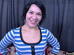 Shabby brunette MILF speaks on cam without even a small hint at flirting however soon she takes off her clothes to kneel down in front of horny dude to give him a blowjob.