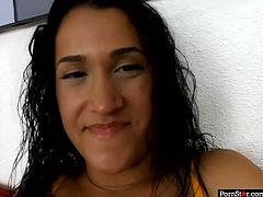 Kinky curly Latina brunette can be called rather pretty. Wondrous nympho with natural tits has nothing against sucking a strong dick for sperm on cam. She stands on knees and gives a super solid and tender blowjob right away.
