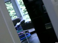 Chubby amateur chick with big saggy boobs poses in front of the guy teasing him as fuck. Then she takes his rod in her pretty mouth sucking hard dong properly.