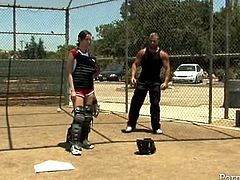 Group of salty young chics in seductive tight fitting shorts and tanks are ready to play baseball outdoor. They run around the field seducing their fans with curvy bodies and long legs.