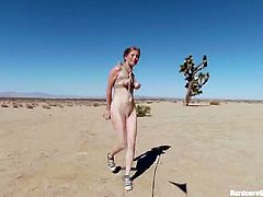 This sexy blonde girl is a sex slave. She is in the desert, so no one can help her. She gets gangbanged and double penetrated by group of guys every single day.