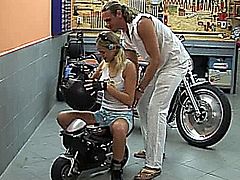 Slutty blonde motorbike teen Samantha gets big boobs and mouth fucked and jizzed in garage