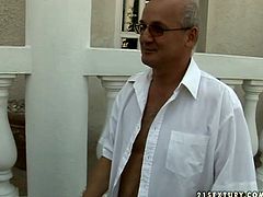 Skanky gold digger is ready to do whatever her sugar daddy want just to please him. So she flashes her tits outdoor teasing him. He thrust his dick in her face right there and then. She starts sucking him deepthroat.