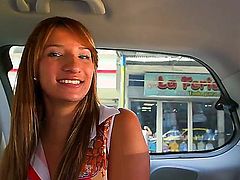 Cute amateur Latina Suzan with a pair of sweet natural tits gets seduced in the back of a car