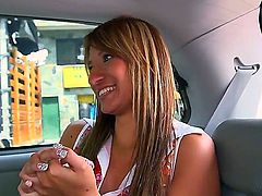 Cute amateur Latina Suzan with a pair of sweet natural tits gets seduced in the back of a car