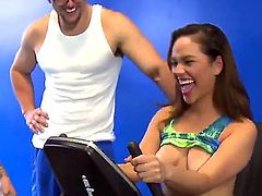 One lucky bald dude gets a chance to bang with stunning horny babes working out in a gym
