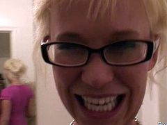 sexy blonde wearing glasses gives blow job. She jerks off dick and sends it deep in her throat. Watch pov blow job sex video for free.