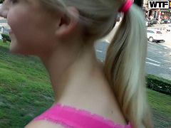 This blondie can hypnotize any man with her sparkling eyes! She is so proud of her yummy tits she just loves showing them off, even in public!