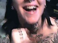 Lucky guy to get his big fat cock sucked by her tattooed and pierced girlfriend! Watch as she gives her the best blowjob that he recieved upclose to the cam!