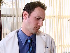 This big dick guy is a surgeon and he is going to do plastic operation on this brunette bitch's appealing boobs. He draws the line around her nipples and then she realizes that her sexy body has given him a boner that she is sucking with a smile on her face by going on her knees. Watch and enjoy.