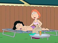 Lois is in the neighbors' backyard visiting Bonnie. She helps her put lotion on and then they start to get horny, deciding to have lesbian sex. Their husbands Joe and Peter do not know about this. Bonnie licks Lois' nipples and things get naughtier.