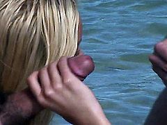 Barbie Banks is enjoying the warm water at the beach, when approached by a couple of nude guys, who ask if she'd like to participate in a hardcore threesome. She agrees, giving one man a reverse handjob, while giving the other man a blowjob. Soon, this natural boobed beauty is getting a DP followed with more handjobs for facial cumshots.