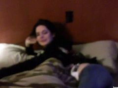 Sexy brunette girlfriend teases her boyfriend with her juicy jugs and later stands on her knees to give him blowjob. At the end he drills her pussy in missionary style.