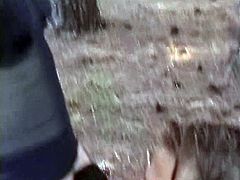 Skanky blonde tranny sucks young guys cock in the woods