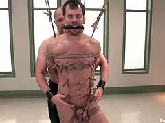 Apart from the cock sucking action, there ass fucking too for the gay guy getting dominated and strapped in this BDSM video.