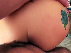 Black haired slut Jade with slim sexy body and provocative cheep tattoo gets her shaved tight pussy boned balls deep by lover and sucks his cock in point of view.