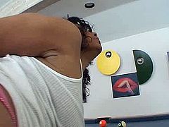 Curly black booty nympho switches from billiard to sucking BBC for cum