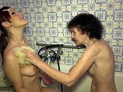 Wrinkled granny and tight teen take a bath