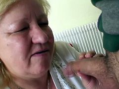 Check out this horny BBW granny seduced by a younger dude. She gave him an amazing blowjob and couldn't wait to take a ride on his wiener!
