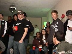 The hottest chics in the college get uncontrolled during a wild student party. A brunette bombshell starts making out with her kinky group mate right in front of other folks. She gets fully naked before she squats down to give him a blowjob in group sex video by Pornstar.