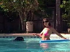 This horny couple can't seem to get enough of summer as they enjoy sex in the pool and fill the place with cum.