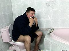 Horny fat sugar daddy watches his young cuddly blond mistress taking a shower before she enters a bedroom and lies on the bed with legs wide open to welcome tongue fuck of her twat from him.
