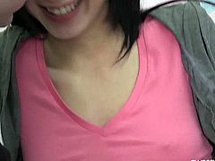 Skinny brunette teen nymphet giving blowjob and getting pussy hammered by a giant dick