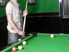 A cute guy plays pool with a fat girl after his girlfriend goes away. She is really slutty and she makes nasty proposals. He accepts and fucks her on the pool table.