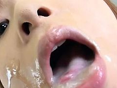 Asian brunette gets cum in her lovely mouth