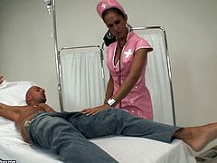 Dude enjoys sweet ass hole and meaty cock of shemale nurse. Ladyboy sits on his face and enjoys his playful tongue exploring her balls and anus.
