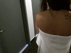Cute brunette girlie enjoys the wonderful view from the balcony of luxurious hotel. She gets horny and lusty so she takes juicy dick in her mouth sucking it deepthroat. After giving a head she is rammed bad doggy style.
