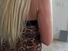 Naughty blonde porn model is a victim of plastic surgery. She has become all fake now, but she looks fucking hot and sexy. Candy takes off her dress exposing big boobs closeup.